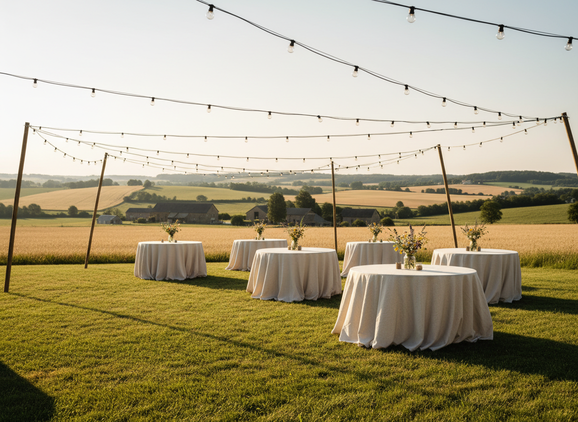 An outdoor summer garden party setup in the countryside near Neuvéglise 15260, with round tables dressed in light linen, simple floral centerpieces in glass jars, and understated string lights stretched between wooden poles. In the background, rolling fields and distant farmhouses are softly blurred. Late afternoon sunlight creates a warm, golden glow, highlighting the soft colors of the decorations and casting delicate shadows across the grass. The mood is joyful yet intimate, hinting at a well-organized event that respects modest budgets. Photographic realism, captured from a slightly elevated angle following the rule of thirds, focuses on the harmonious arrangement and serene rural setting, suggesting adaptable outdoor event solutions without showing any attendees.