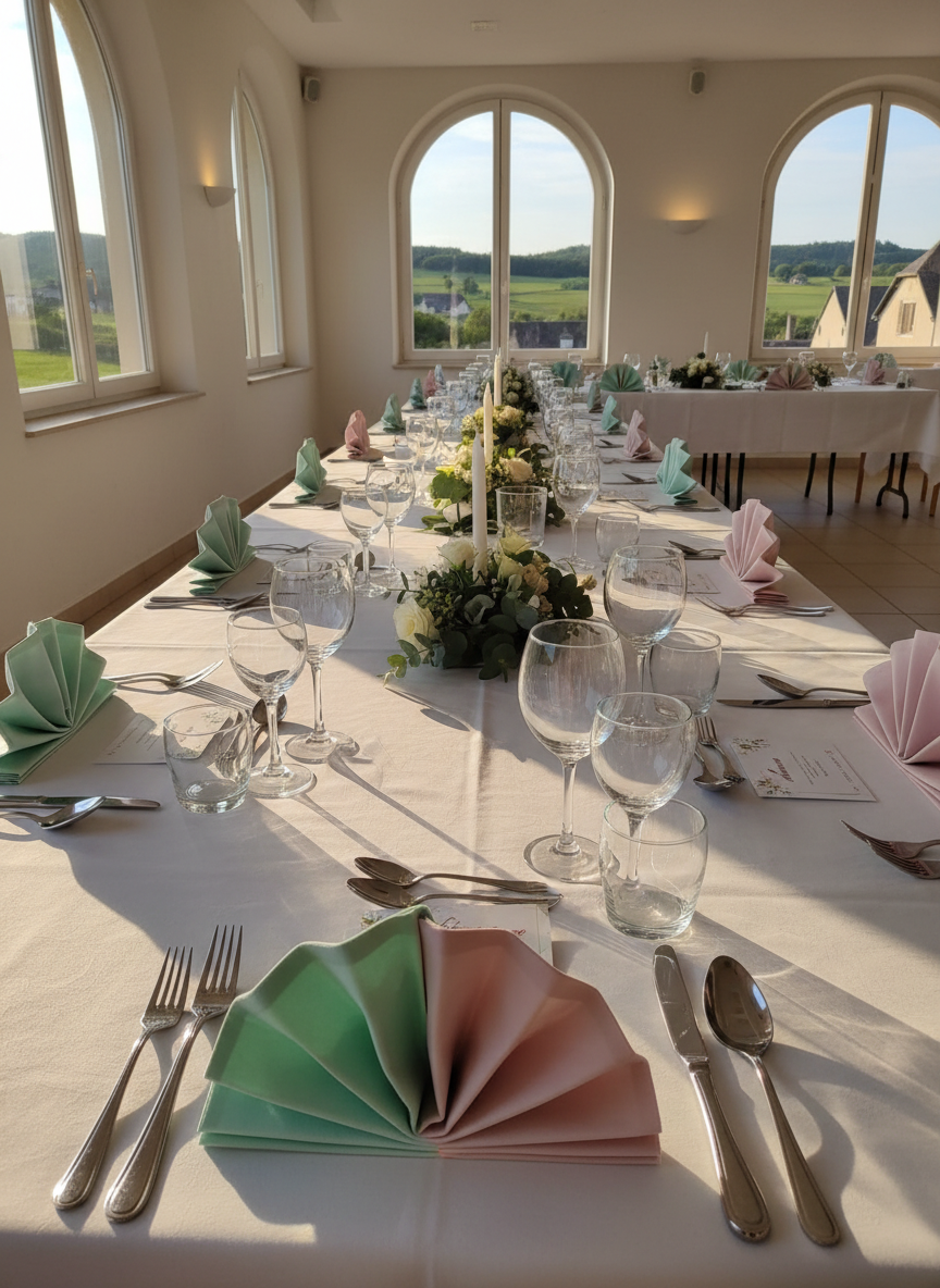 A long, elegantly decorated banquet table set for a celebration, with pristine white linen, neatly folded pastel napkins, and sparkling glassware arranged in precise symmetry. The table is placed inside a bright reception hall near Neuvéglise 15260, with large windows revealing the rolling green hills of Cantal in soft focus. Warm golden hour sunlight pours in, creating gentle reflections on polished cutlery and subtle shadows on the tablecloth. The mood is welcoming and professional, suggesting meticulous event planning. Photographic realism, shot at eye level with a shallow depth of field, keeps the focus on the harmonious details that convey reliability, adaptability, and a customized event experience without showing any people.