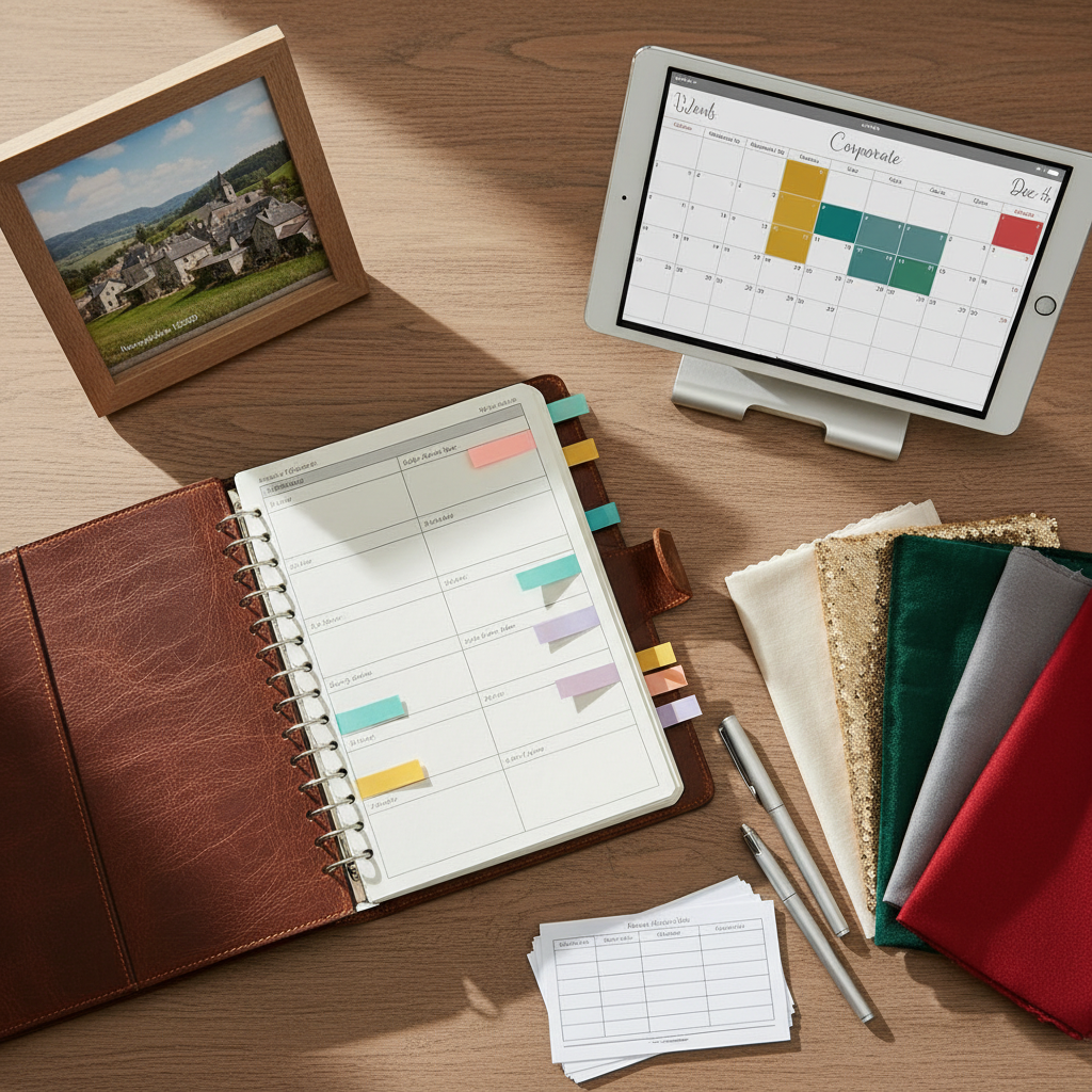 A close-up, overhead view of a neatly organized event planner’s wooden desk, featuring an open leather-bound agenda filled with colorful sticky markers, a tablet displaying a calendar of diverse events, and sample material swatches in soft neutrals and festive tones. Beside them, a small framed landscape photo of Neuvéglise 15260 subtly anchors the local setting. Soft, diffused daylight from a nearby window illuminates the scene, casting gentle shadows and highlighting textures of paper, leather, and wood. The atmosphere is calm, ordered, and trustworthy, emphasizing reliability and budget-conscious planning. Photographic realism with a top-down composition and sharp focus throughout, showcasing tools and elements that suggest tailored event organization without including any people or text that can be read.