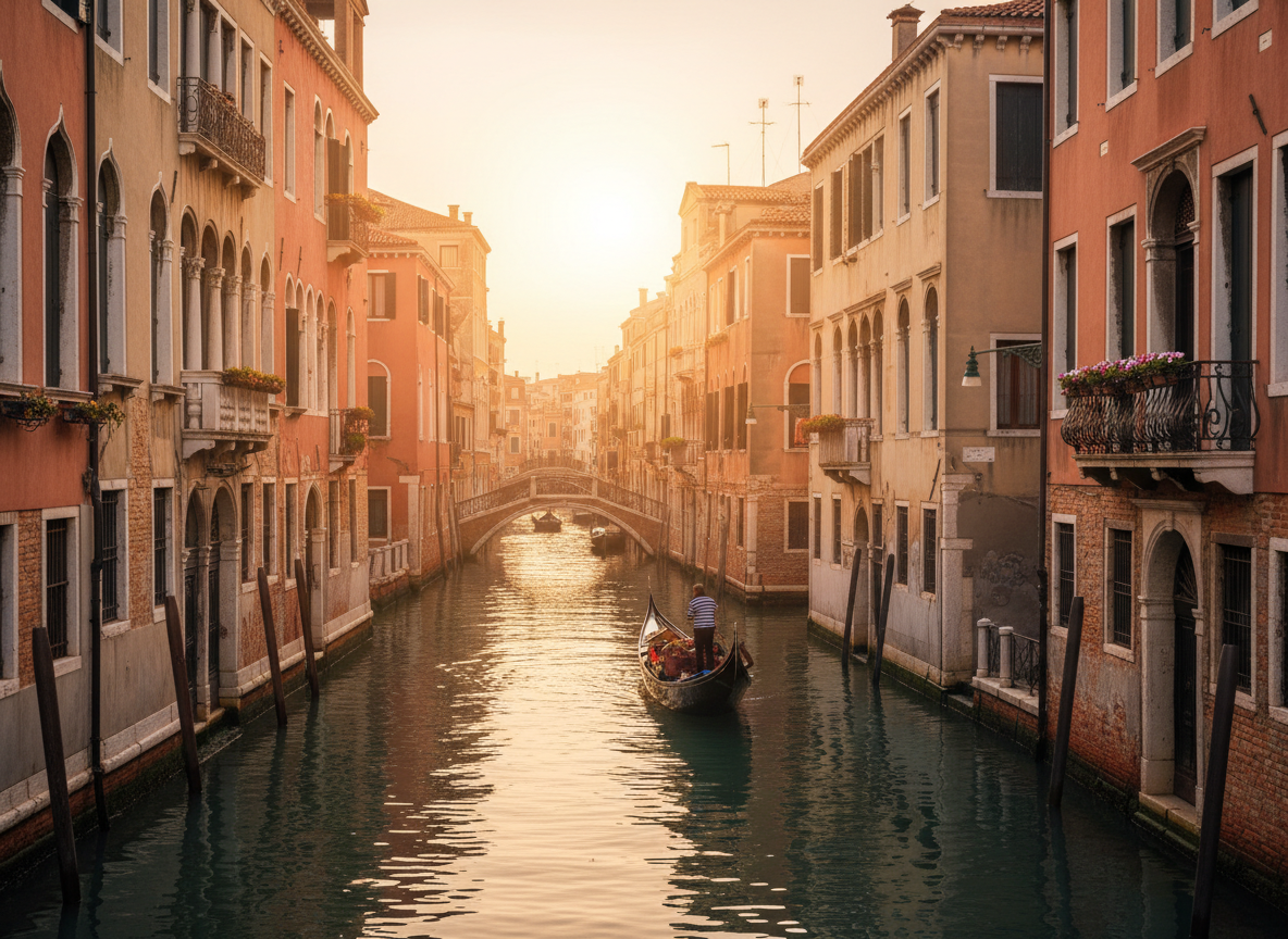 Vue romantique d'un canal de Venise au coucher du soleil avec une gondole